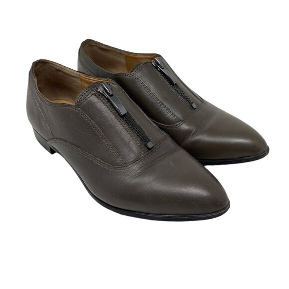 Franco Sarto Gray Kagan Pointed Leather Olive Loafer 6M Flats Top Zipper - Picture 1 of 10